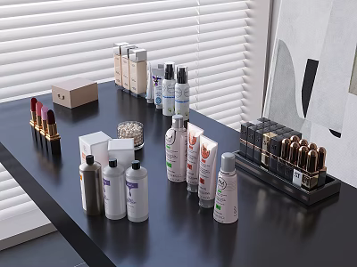 Modern Perfumes And Cosmetics Display With Lipsticks Skincare Jars And Tabletop Setup 3d model