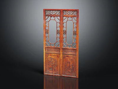 Traditional Chinese Carved Wooden Door With Intricate Lattice Work And Double Panel Design 3d model
