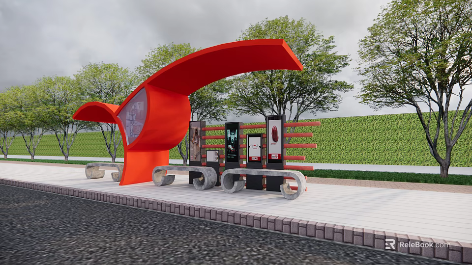 Modern Bus Station with Red Curved Canopy Benches Information Screens and Green Grass with Trees 3d model 