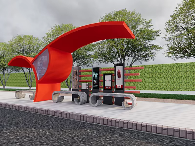 Modern Bus Station with Red Curved Canopy Benches Information Screens and Green Grass with Trees 3d model