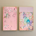 Framed Abstract Paintings With Blue Pink Gold Textures And Splatter Design For Wall Decor