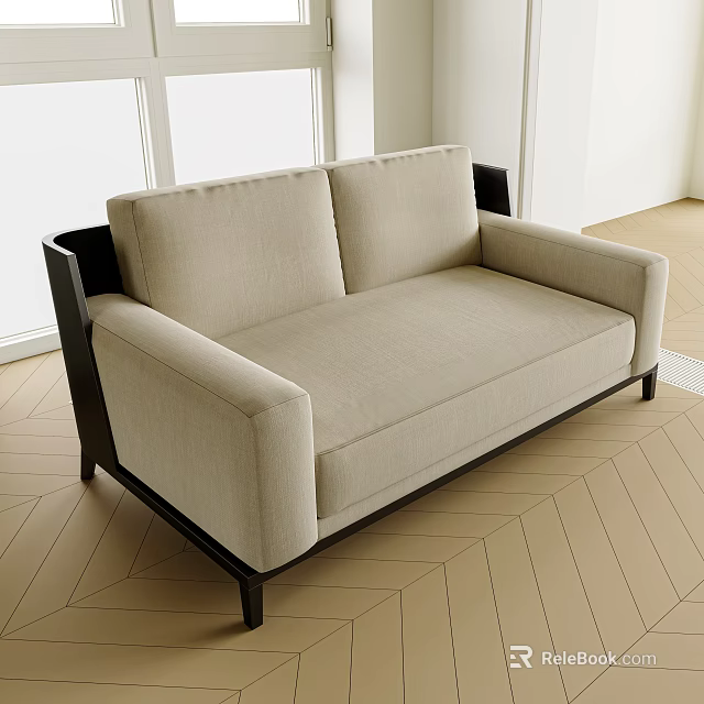 Modern Beige Fabric Two Seater Sofa With Black Frame In Bright Space With Herringbone Floor 3d model