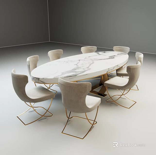 Modern Dining Table Set With Oval Marble Top Gold Metal Legs And Grey Chairs 3d model 