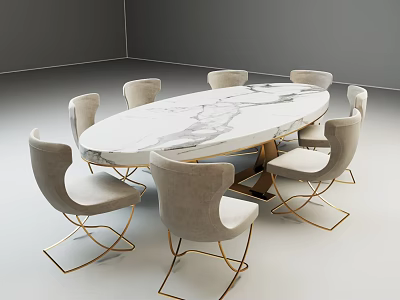 Modern Dining Table Set With Oval Marble Top Gold Metal Legs And Grey Chairs 3d model