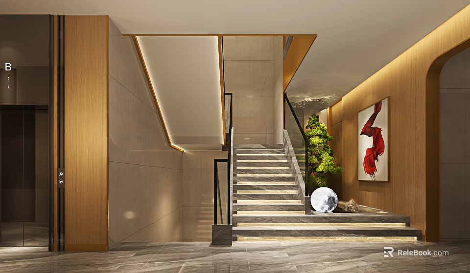Modern Staircase With Wooden Walls Black Handrails Green Plants Red Decorative Painting And Marble Floor 3d model 
