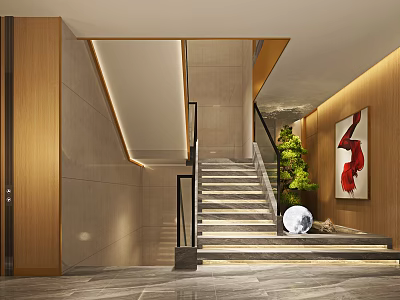 Modern Staircase With Wooden Walls Black Handrails Green Plants Red Decorative Painting And Marble Floor 3d model