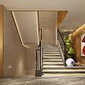 Modern Staircase With Wooden Walls Black Handrails Green Plants Red Decorative Painting And Marble Floor