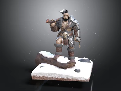 3D Armored Man Figure Holding Axe Standing On Snow Covered Base 3d model