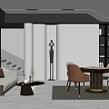 Modern Entertainment Room Interior With Sofa Coffee Table Dining Chairs Bookshelf and Staircase