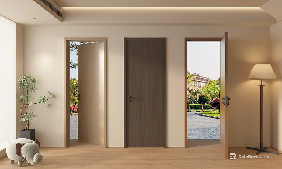 Modern Wooden Swing Door Interior With Natural View And Wooden Floor Design 3d model 