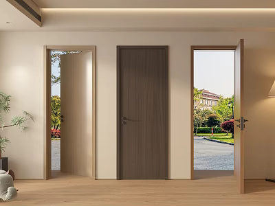 Modern Wooden Swing Door Interior With Natural View And Wooden Floor Design 3d model