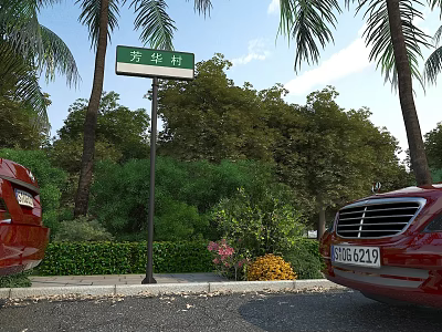 Urban Roadside Facilities Featuring Green Signpost Palm Trees Bushes and Red Cars 3d model