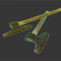 Two Vintage Rusted Axes With Wooden Handles Crossed On Dark Surface