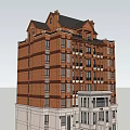 Red Brick Multi story Building Exterior With Decorative Top And White Base