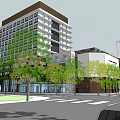 Modern Commercial Street With Contemporary Architecture Greenery And Open Pedestrian Areas