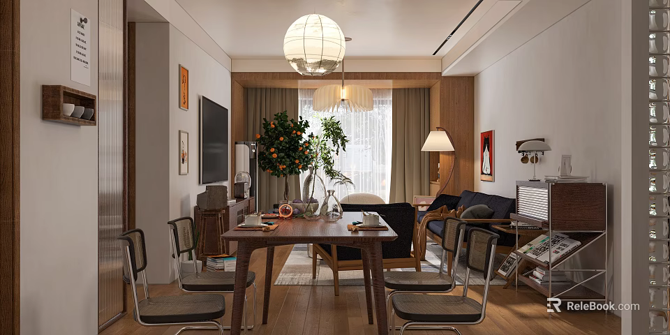 Cozy Living and Dining Area Interior With Pendant Light Sofa Dining Table And Plant 3d model 