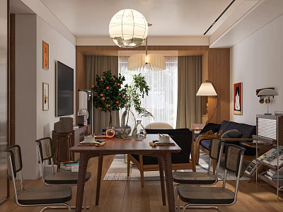 Cozy Living and Dining Area Interior With Pendant Light Sofa Dining Table And Plant 3d model