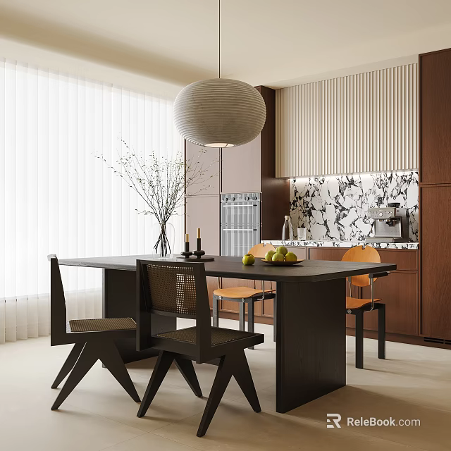 Modern Dining Table Set With Woven Chairs Pendant Light And Fruit Decor On Table 3d model