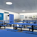 Cafeteria Interior With Blue Long Tables Benches Wall Banners And Ceiling Lights 3d model