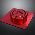 Red Metallic Equipment Component With Square Base Circular Top And Triangular Symbol