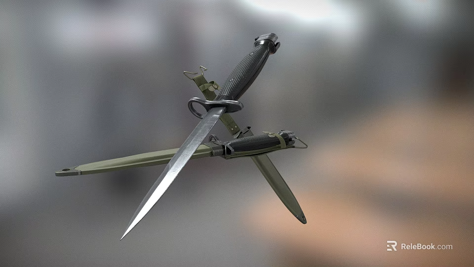 Crossed Military Saber and Folding Knife Tactical Weapon with Sharp Blades and Black Handles 3d model 
