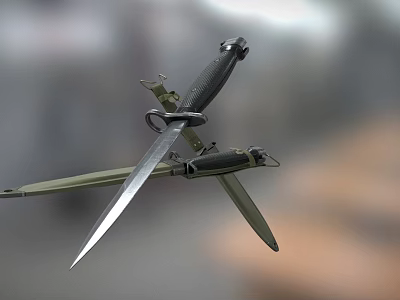 Crossed Military Saber and Folding Knife Tactical Weapon with Sharp Blades and Black Handles 3d model