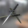 Crossed Military Saber and Folding Knife Tactical Weapon with Sharp Blades and Black Handles