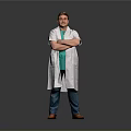 Man Wearing White Coat Green Shirt Blue Pants With Arms Crossed On Grey Background