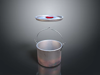Practical Silver Household Bucket With Handle And Red Lid Detail 3d model