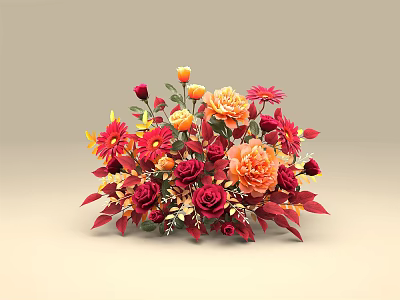 Vibrant Flower Vase Arrangement with Red Orange Yellow Blooms and Green Leaves 3d model