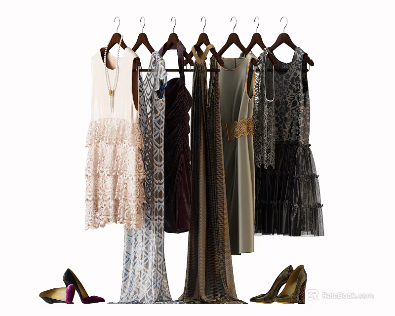 Various Stylish Dresses On Hangers With Lace And Layered Designs And High Heels 3d model 