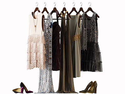 Various Stylish Dresses On Hangers With Lace And Layered Designs And High Heels 3d model