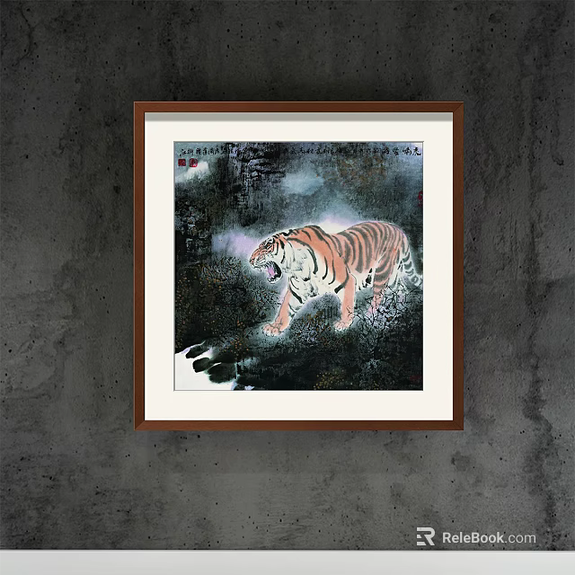 Tiger Animal Painting In Wooden Frame With Moon And Footprints On Dark Background 3d model 