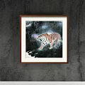Tiger Animal Painting In Wooden Frame With Moon And Footprints On Dark Background