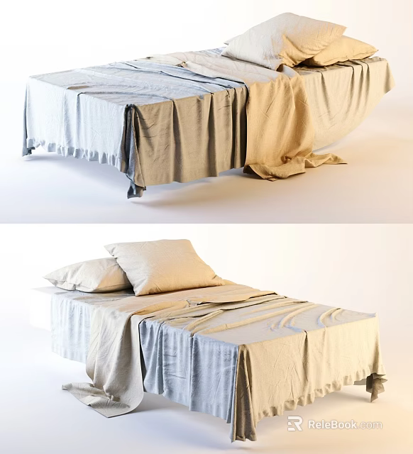 Modern Double Bed With Neutral Linen Sheets Matching Pillows And Minimalist Design 3d model 