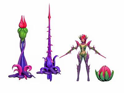 Colorful Fantasy Character Design With Plant-like Creatures Spiked Stems And Red Buds 3d model