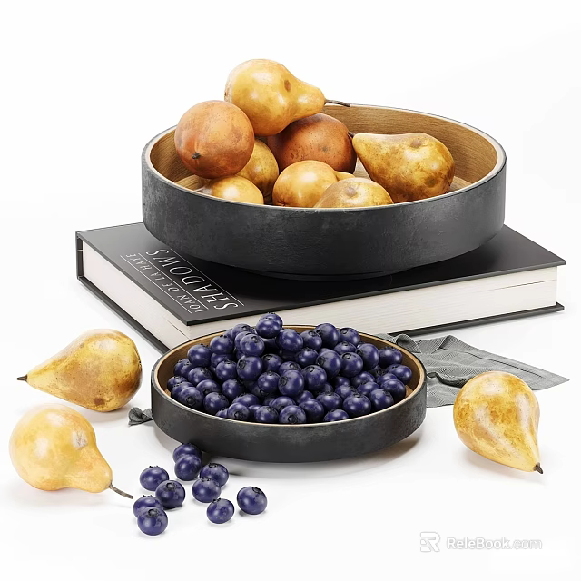 Elegant Decorative Ornament Set With Pears Blueberries Wooden Bowl Black Bowl And Book 3d model 