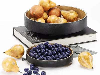 Elegant Decorative Ornament Set With Pears Blueberries Wooden Bowl Black Bowl And Book 3d model