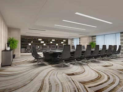 Modern Conference Room Interior Design With Large Table Black Chairs Patterned Carpet And Green Plants 3d model