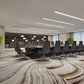 Modern Conference Room Interior Design With Large Table Black Chairs Patterned Carpet And Green Plants