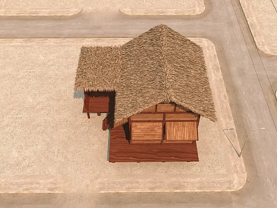 Traditional Thatched House with Wooden Structure and Thatch Roof on Sandy Ground 3d model