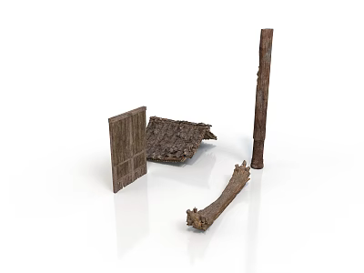 Old Rustic Wooden Scene Components With Planks Beams And Broken Roof Structure 3d model