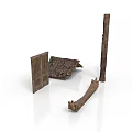 Old Rustic Wooden Scene Components With Planks Beams And Broken Roof Structure