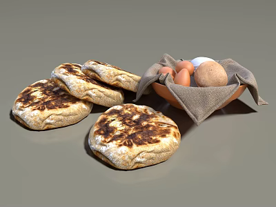 Bakery Shop Displaying Freshly Baked Flatbreads And Eggs In Bowl With Linen Cloth 3d model