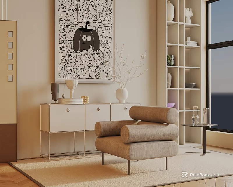 Modern Beige Accent Chair with White Cabinet Decorative Artwork Bookshelf and Window on Rug 3d model 