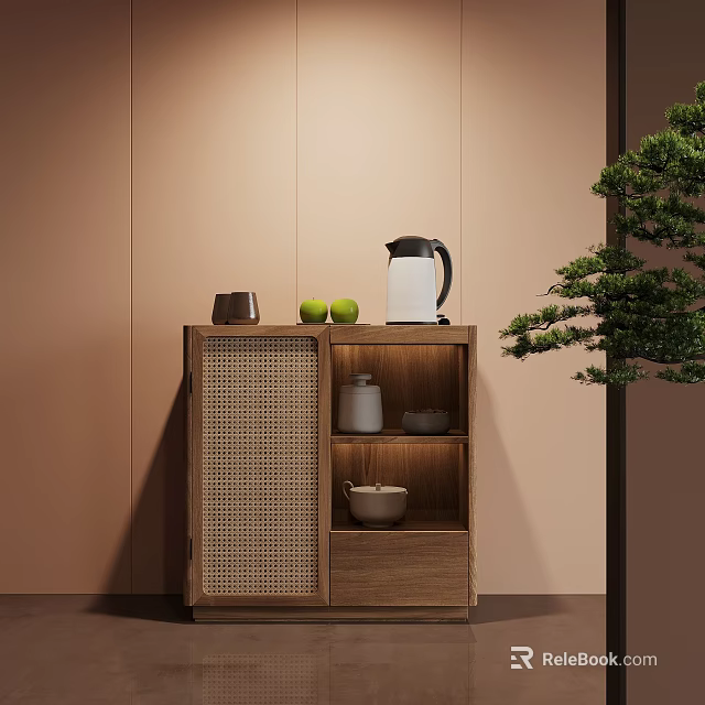 Wooden Cabinet with Wicker Door Holding Kettle Green Apples and Bowls by Green Plant 3d model 