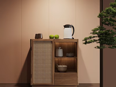 Wooden Cabinet with Wicker Door Holding Kettle Green Apples and Bowls by Green Plant 3d model