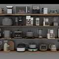Various Types of Kitchen Appliances Displayed on Shelves for Home Kitchen Use