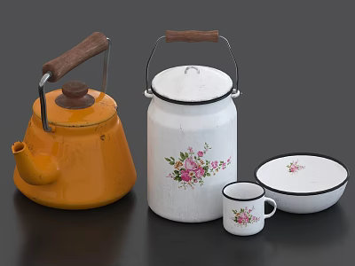 Vintage Tea Set with Orange Kettle White Pink Floral Milk Canister Mug and Bowl 3d model