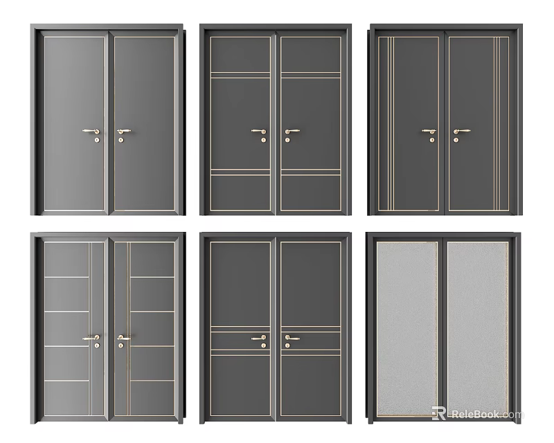 Modern Hinged Doors Featuring Various Panel Styles and Metal Frames 3d model